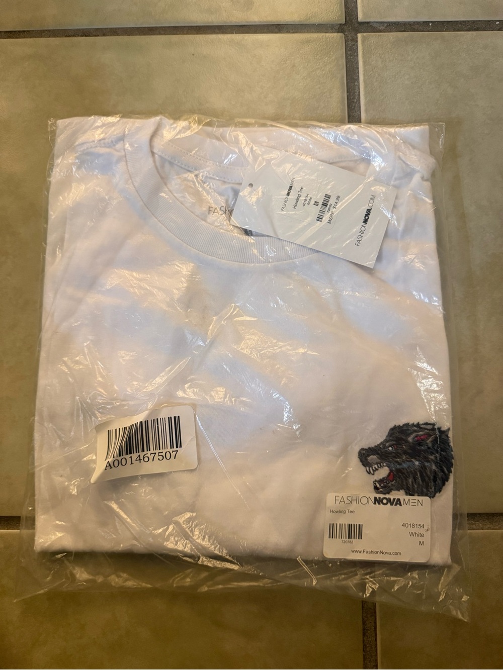 Fashion Nova Men White Crew Neck T-Shirt with Embroidered Wolf Accent
